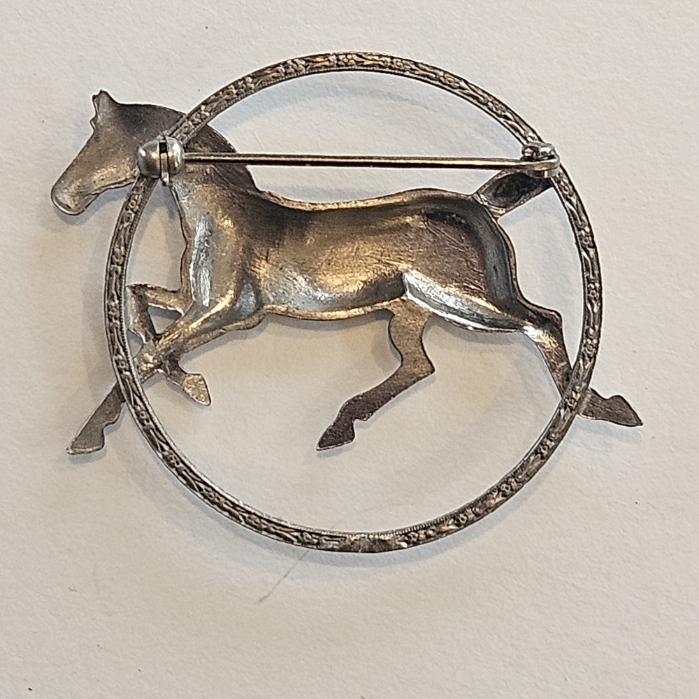 Antique Equestrian Art Deco Dancing Horse Brooch Pin Silver Color Metal - Picture 4 of 5